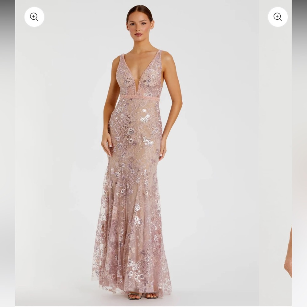 Mac Duggal Pink Floral Beaded Plunge Gown Size 6